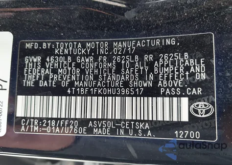 2017 Toyota Camry Se z USA, uszkodzony, nr VIN 4T1BF1FK0HU396517